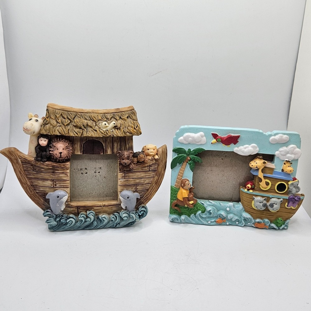 Lot of 2 Noah's Ark Resin Photo Frames Nursery Decor Animal Picture Frames